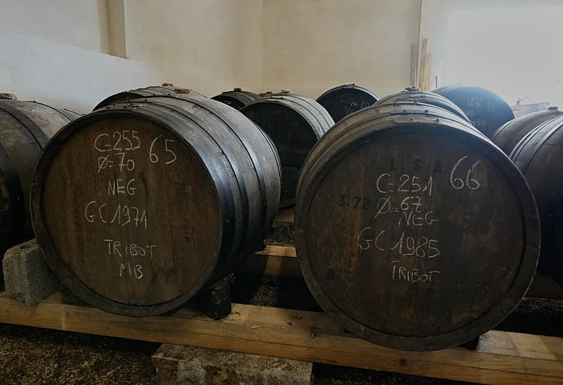 Barrels of Cognac dated from 1971 and 1985 are pictured in Bellevigne, near Cognac, southwestern France, Wednesday, July 23, 2025. 