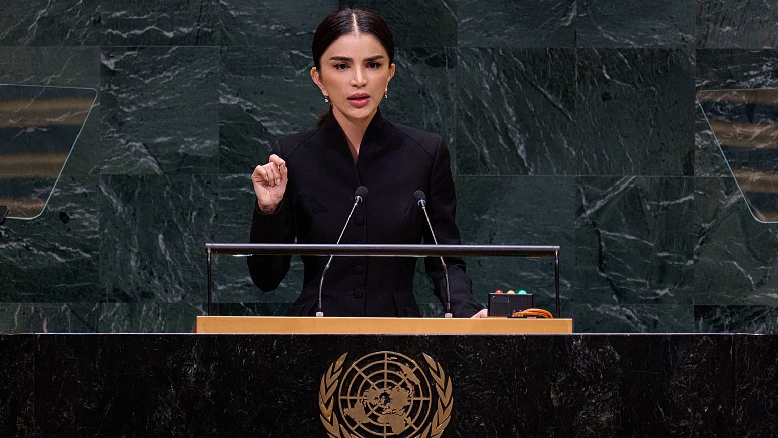 Head of Uzbekistan's Presidential Administration, Saida Mirziyoyeva, delivers her speech during UN General Assembly in New York