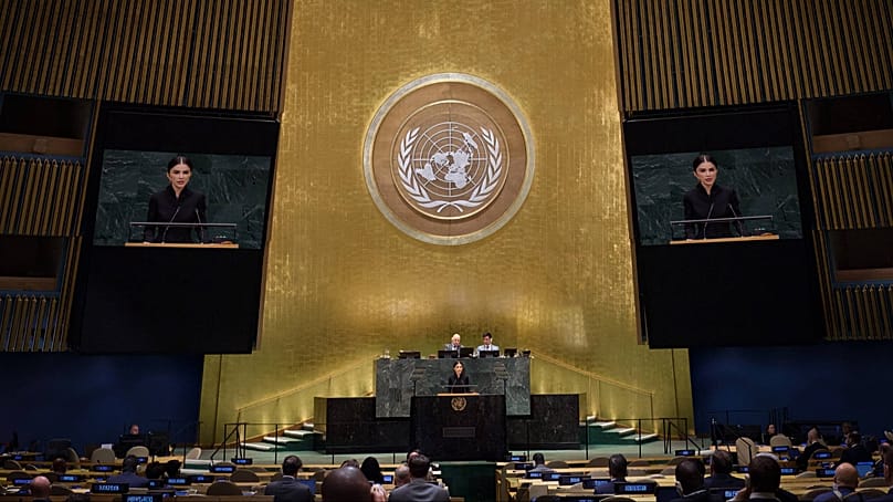 Head of Uzbekistan's Presidential Administration, Saida Mirziyoyeva, delivers her speech during UN General Assembly in New York