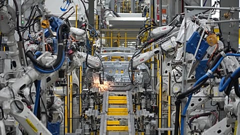 FILE. A car frame is welded by robots at a Vinfast factory in Hai Phong, Vietnam, 29 Sept. 2023