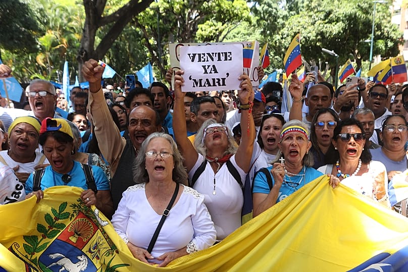Partidarios de María Corina Machado conmemoran el segundo aniversario de las controvertidas elecciones de 2024 en Caracas, Venezuela, el 28 de julio de 2026. 