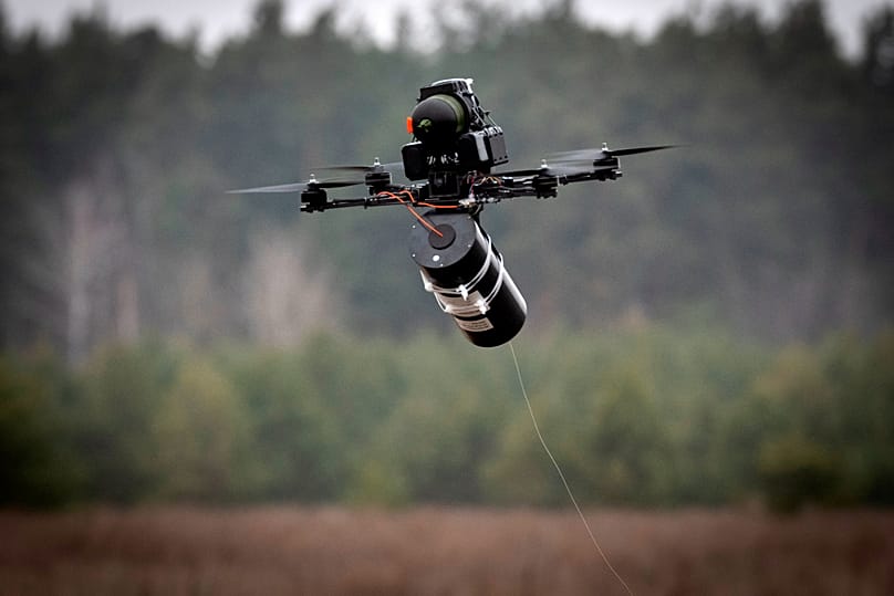 A Ukrainian made FPV fibre optic drone flies at a military market place at an undisclosed location in the Kyiv region, 29 January, 2025