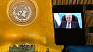 الرئيس الفلسطيني محمود عباس يلقي كلمة مسجلة أمام الجمعية العامة للأمم المتحدة، بعد رفض منحه تأشيرة لحضور الجلسة، في 24 أيلول 2026.
