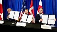 Denmark's Prime Minister, Greenland's Prime Minister, and US President at the signing ceremony of a security deal between the US, Denmark and Greenland at United Nations HQs.
