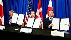 Denmark's Prime Minister, Greenland's Prime Minister, and US President at the signing ceremony of a security deal between the US, Denmark and Greenland at United Nations HQs.