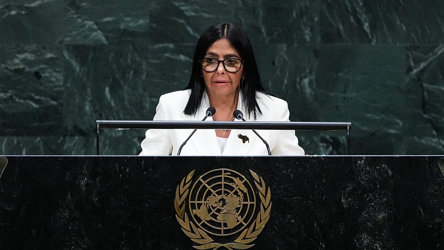Delcy Rodríguez, presidenta en funciones de Venezuela, se dirige a la 81.ª sesión de la Asamblea General de la ONU el 23 de septiembre de 2026.