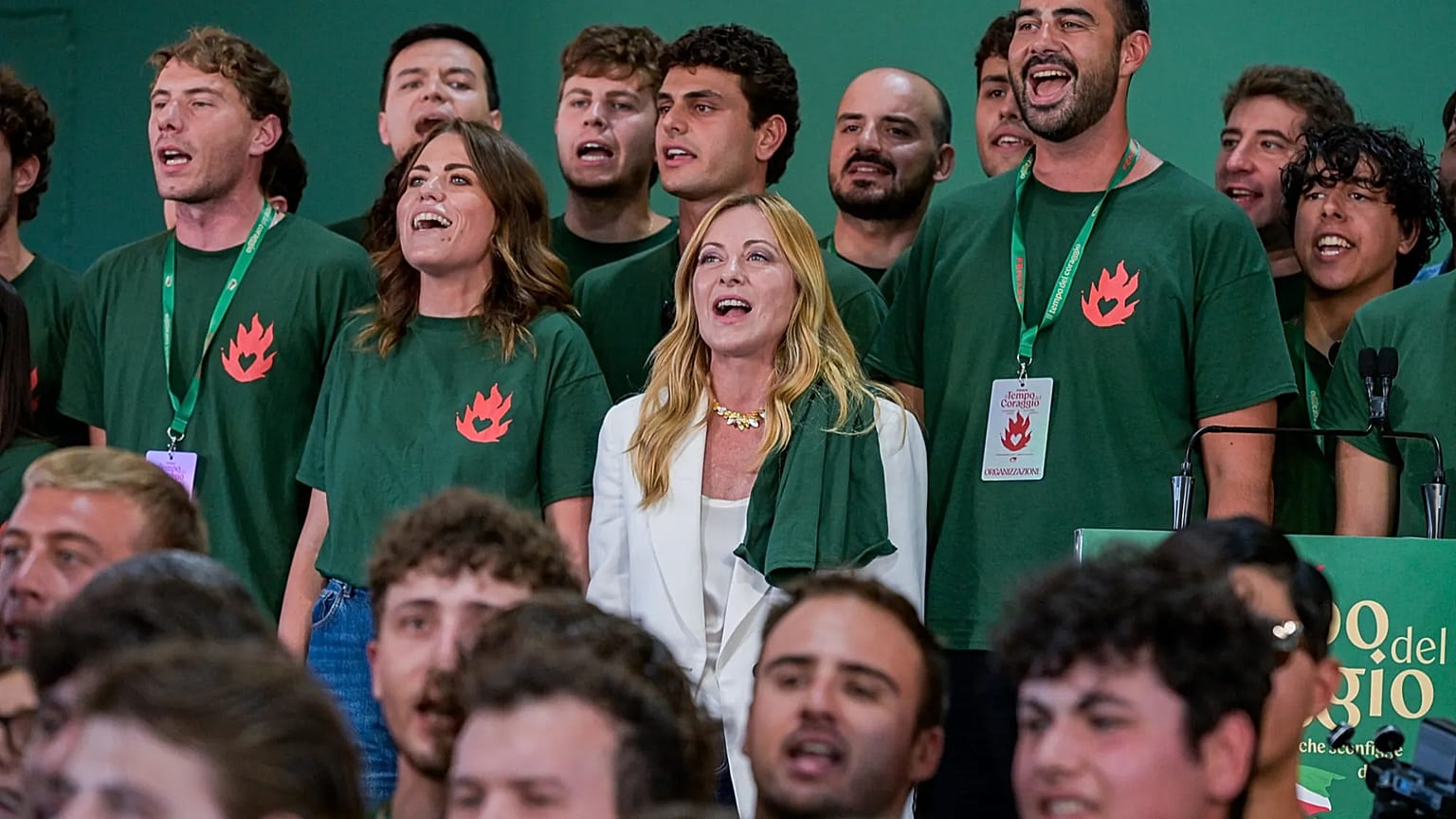 Meloni at a youth rally of her Fratelli d'Italia group 