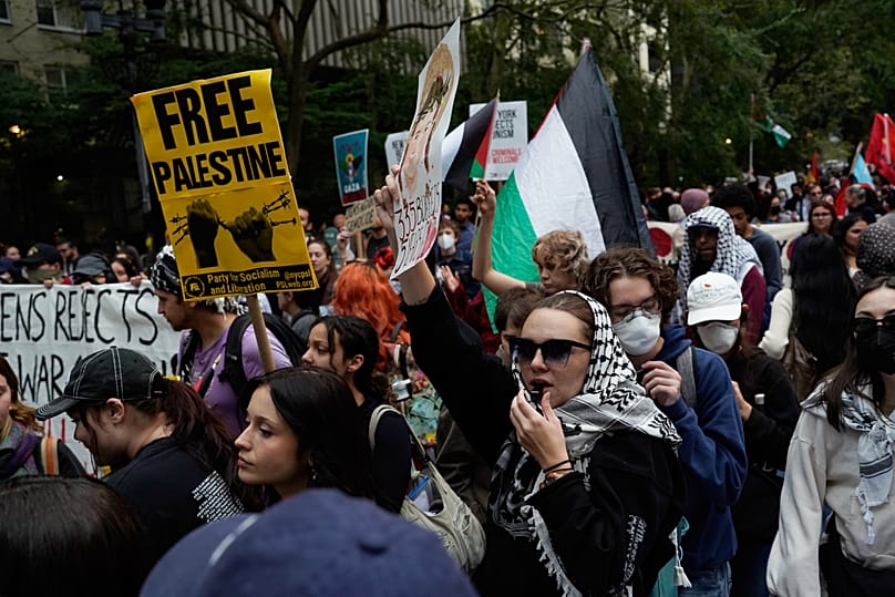 Demonstrators gather to protest following Israeli Prime Minister Benjamin Netanyahu's address at the 81st session of the United Nations General Assembly, Thursday, Sept. 24.