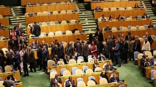 People walk out as Israeli Prime Minister Benjamin Netanyahu begins to speak during the 81st session of the United Nations General Assembly