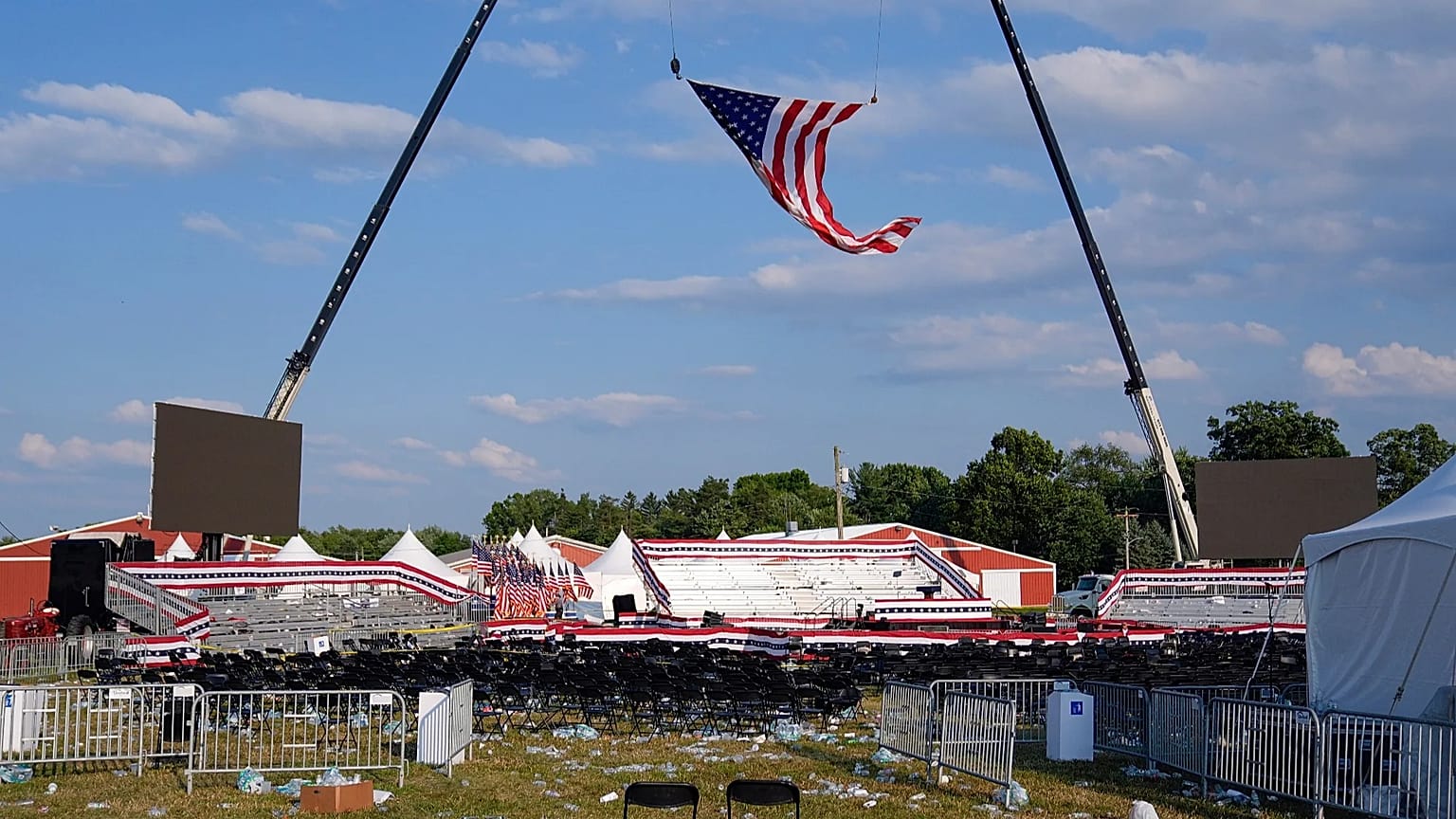 A campaign rally site for Republican presidential candidate former President Donald Trump is empty and littered with debris on July 13, 2024, in Butler, Pa.