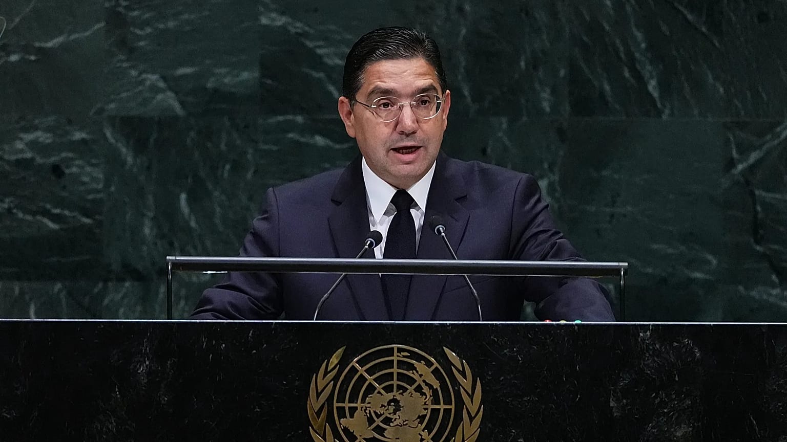 El ministro de Exteriores de Marruecos, Nasser Bourita, interviene en la 81.ª sesión de la Asamblea General de Naciones Unidas, el 22 de septiembre de 2026 en Nueva York