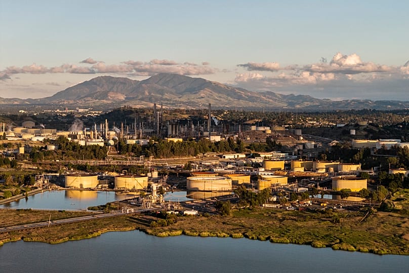An aerial view of the Martinez Refining Company is seen during sunset in Martinez, Calif., Wednesday, April 22, 2026. 