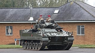 A "Warrior" armoured vehicle of the Royal Lancers is parked in Catterick, England, April 22, 2024.