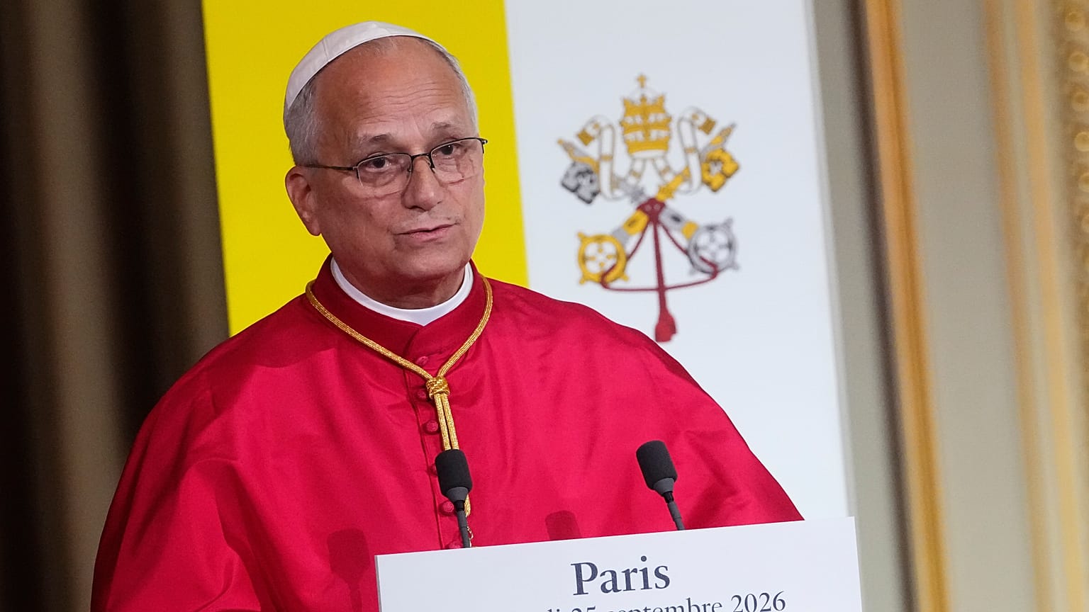 Pope Leo XIV delivers a speech at the French presidential palace in Paris on September 25, 2026.