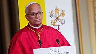 Pope Leo XIV delivers a speech at the French presidential palace in Paris on September 25, 2026.