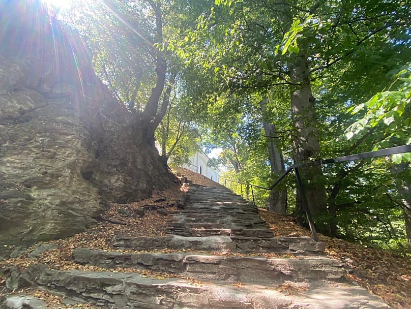 Trilho pedestre junto aos terraços celtas na floresta de Velem, Hungria