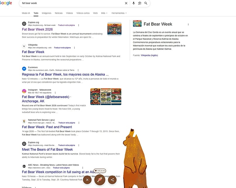 Fat Bear Week, búsqueda en Google con un widget, 26 de septiembre de 2026