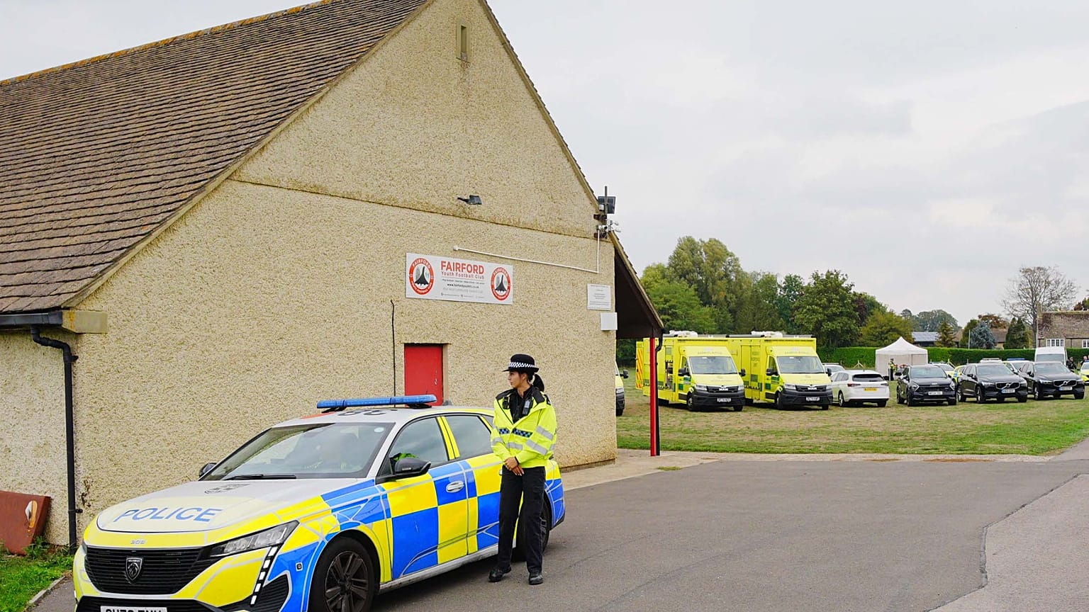 Emergency services at the scene of an incident close to RAF Fairford,, in Whelford, England, Sunday, Sept. 27, 2026