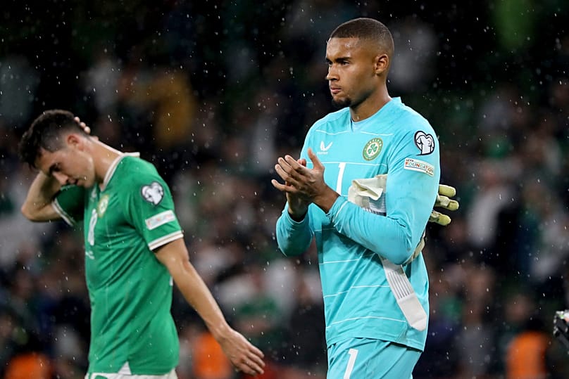 Bazunu applauds supporters following the Euro 2024 Group C qualifying soccer match between Ireland and Netherlands at the Aviva Stadium, Dublin, Ireland.
