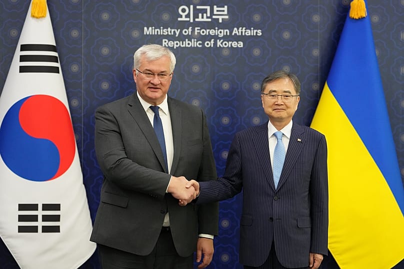 Ukraine's Foreign Minister Andrii Sybiha shakes hands with South Korean counterpart Cho Hyun ahead of their meeting in Seoul, South Korea, Tuesday, June 30, 2026