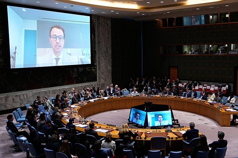 Le directeur général d'Anthropic, Dario Amodei, intervient à distance lors d'une réunion du Conseil de sécurité de l'ONU consacrée à l'IA, pendant la 81e session de l'Assemblée générale de l'ONU au siège de l'organisation, mercredi 23 septembre 2026
