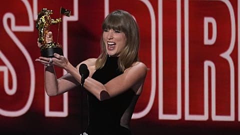 Taylor Swift accepts the MTV VMA Artist Director Honors award during the MTV Video Music Awards on Sunday, Sept. 27, 2026, at the Peacock Theater in Los Angeles.