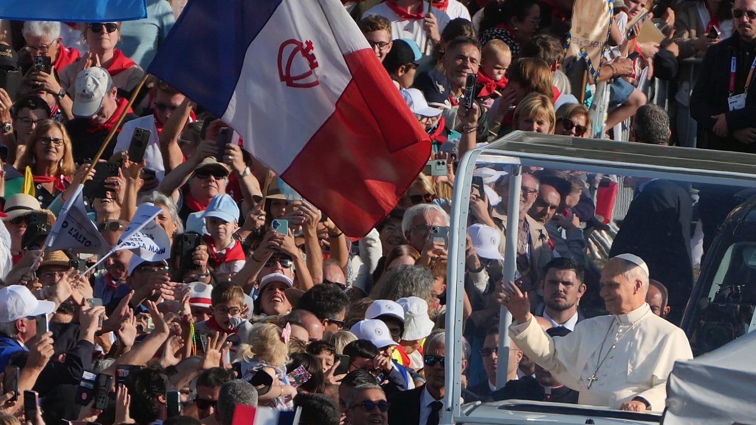 Pope Leo XIV arrives on the popemobile to celebrate Mass at the Sanctuary of Our Lady of Lourdes, Sunday, Sept. 27, 2026.