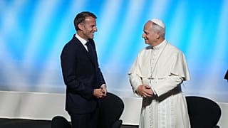 Léon XIV et Emmanuel Macron au Centre des congrès Robert-Schuman, à Metz, le 28 septembre 2026.