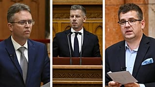 A composite photo of Balázs Hankó, PM Péter Magyar and Miklós Seszták