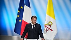 French President Emmanuel Macron speaks at the meeting At the Roots of Europe for Peace and, Monday, Sept. 28, 2026