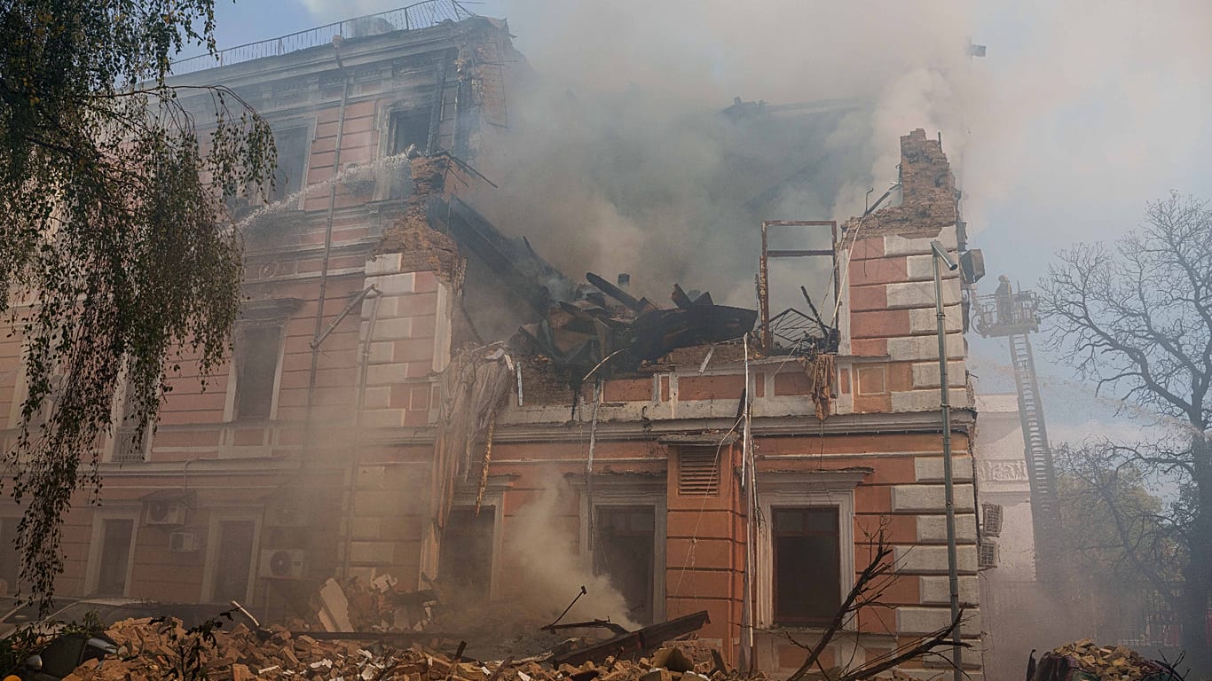 Smoke rises from the National Academy of science building damaged after a Russian drone strike on central Kyiv, Ukraine, Monday, Sept. 28, 2026.
