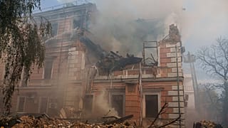 Smoke rises from the National Academy of science building damaged after a Russian drone strike on central Kyiv, Ukraine, Monday, Sept. 28, 2026.