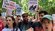 Архив: люди держат плакат с надписью на испанском «Дома для тех, кто в них живёт» на акции протеста в Мадриде, Испания, 24 мая 2026 г.