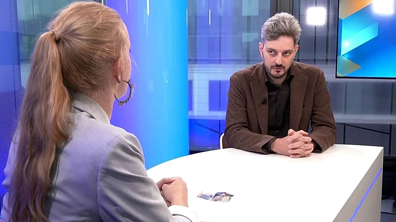 Russian opponent and YouTuber Maxim Katz, during an interview at Euronews in Brussels, Monday, 28 September 2026.