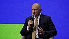 Bulgarian Prime Minister Rumen Radev during an interview at Euronews' Defence and Space summit 