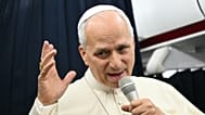 Pope Leo XIV speaks to journalists aboard the flight from Metz, France, to Rome, at the end of his four-day visit to France, Monday, Sept. 28, 2026