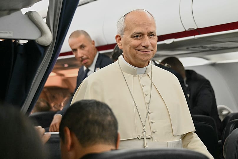 Pope Leo XIV speaks to journalists aboard the flight from Metz, France, to Rome, at the end of his four-day visit to France, Monday, Sept. 28, 2026