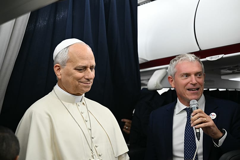 Pope Leo XIV speaks to journalists aboard the flight from Metz, France, to Rome, at the end of his four-day visit to France, Monday, Sept. 28, 2026