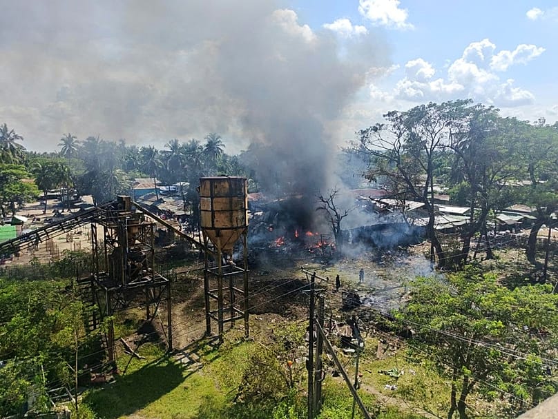 Smoke rises from a market after the area was allegedly hit by the military's airstrike in Kyauktaw township in Rakhine state, Myanmar, Monday, Sept. 28, 2026