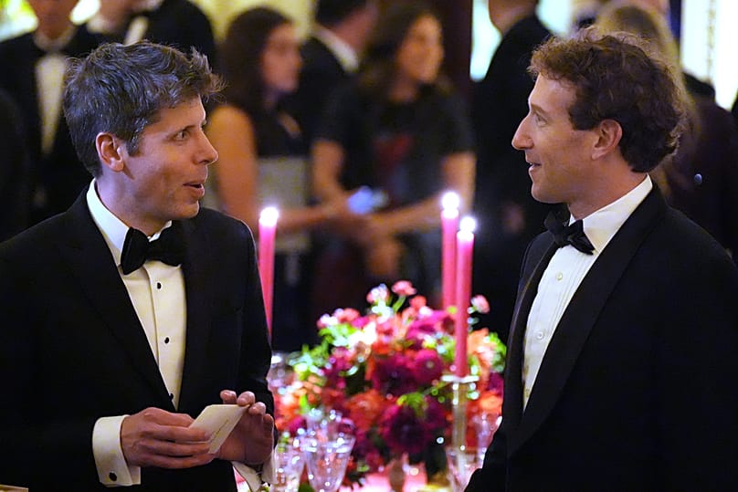 Sam Altman talks with Meta CEO Mark Zuckerberg as President Donald Trump hosts a State Dinner for China's President Xi Jinping in the White House, Wednesday, Sept. 24, 2026