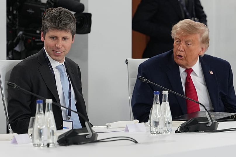 US President Donald Trump talks to CEO of OpenAI Sam Altman as they participate in a meeting with leaders during the G7 summit, in Evian-les-Bains, France, June 17, 2026