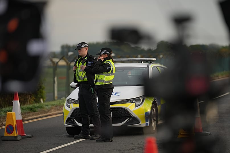 Police officers guard a road leading to RAF Fairford, 28 September, 2026