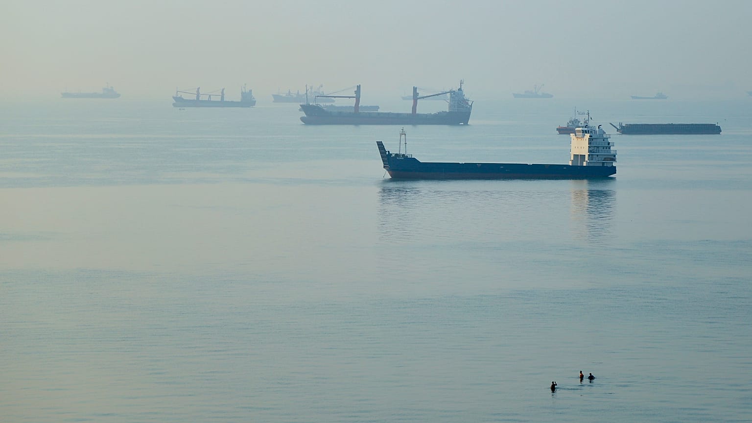 Cargo ships are anchored in the Strait of Hormuz off Bandar Abbas, Iran, on 28 September 2026.