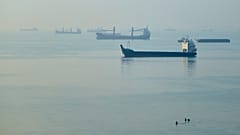 Cargo ships are anchored in the Strait of Hormuz off Bandar Abbas, Iran, on 28 September 2026.