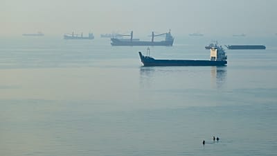 Cargo ships are anchored in the Strait of Hormuz off Bandar Abbas, Iran, on 28 September 2026.