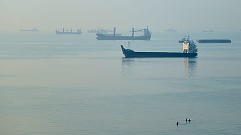 Cargo ships are anchored in the Strait of Hormuz off Bandar Abbas, Iran, on 28 September 2026.