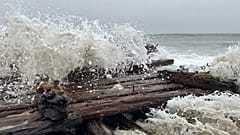 Shipwreck remains exposed by a powerful nor'easter are seen along the southern shore of Nantucket, Mass., Saturday, Sept. 26, 2026. 