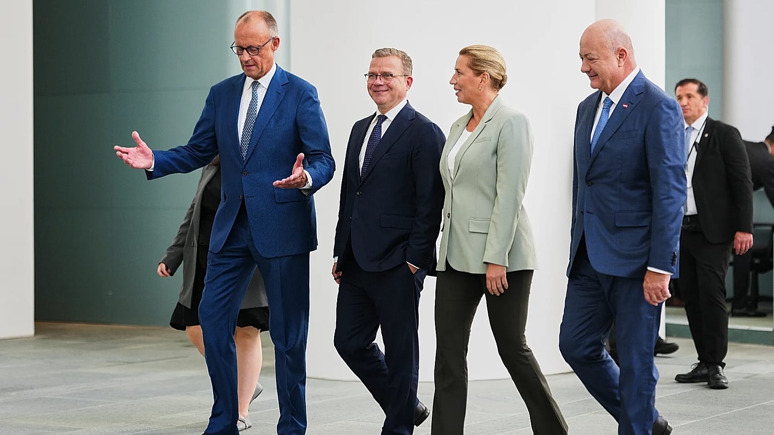 Austrian Chancellor Christian Stocker, Denmark's Prime Minister Mette Frederiksen, Finland's Prime Minister Petteri Orpo and German Chancellor Friedrich Merz in Berlin.