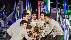 Uzbekistan’s chess team celebrates winning Open gold in Samarkand.