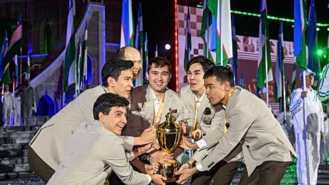 Uzbekistan’s chess team celebrates winning Open gold in Samarkand.